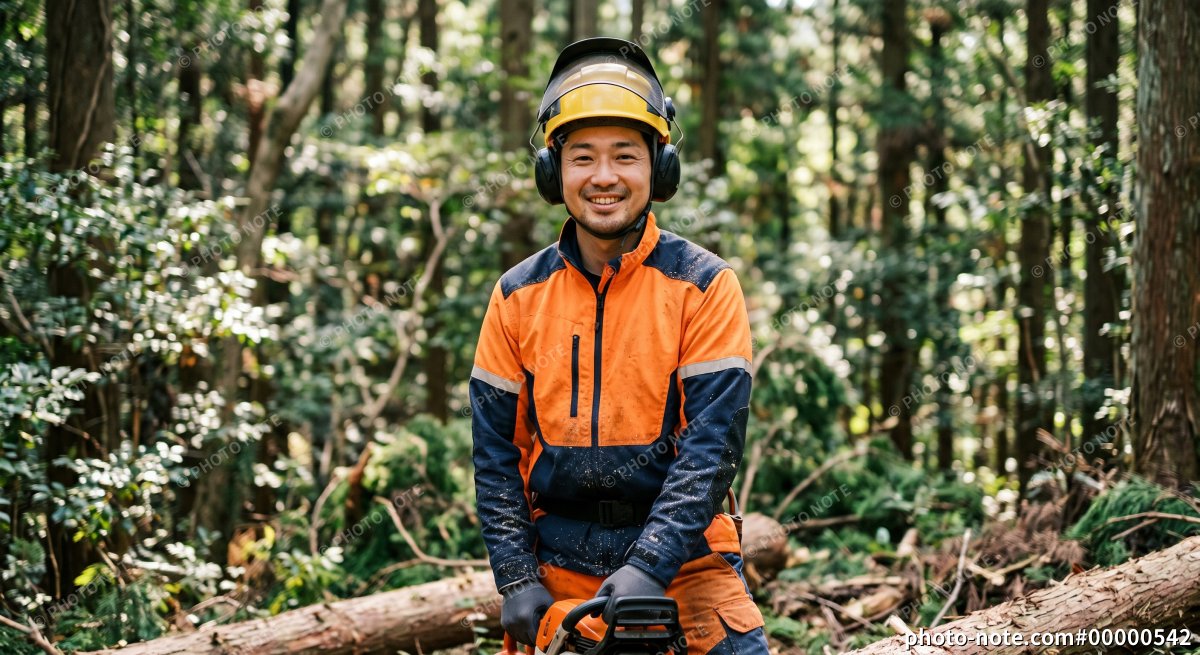 林業で伐採作業をする作業員の男性