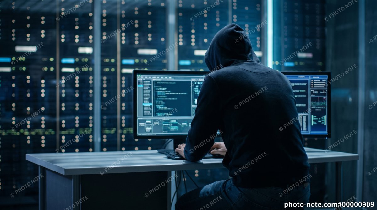 サーバー室でパソコン画面を操作するフード姿のハッカー