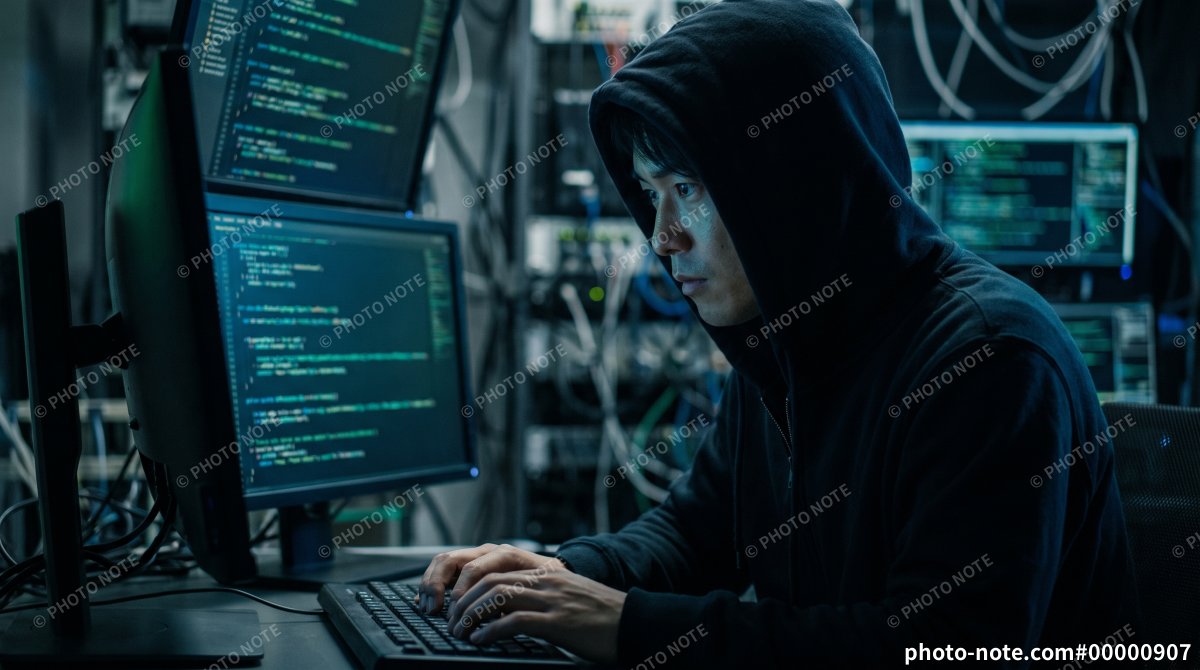 薄暗い室内の複数モニター前でキーボードをタイピングするハッカーの男性