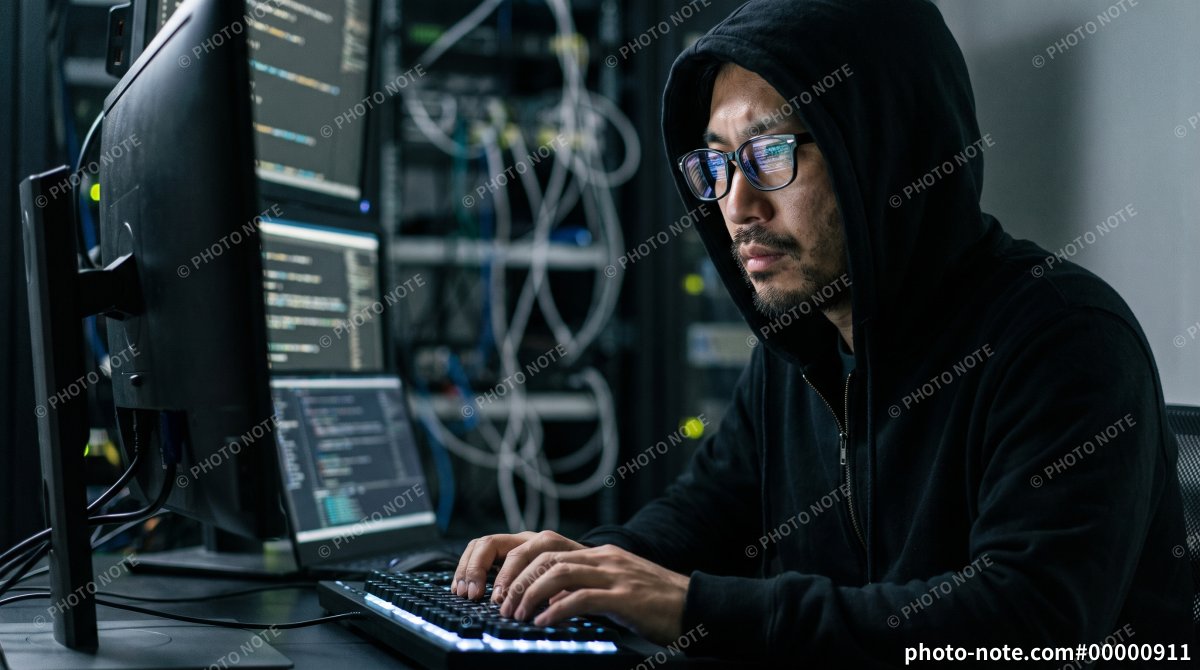 暗いサーバー室で複数のモニターを見つめキーボードを打つハッカーの男性