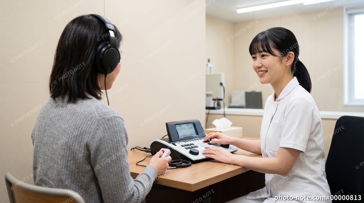聴力検査を行う言語聴覚士とヘッドホンを着用する女性患者