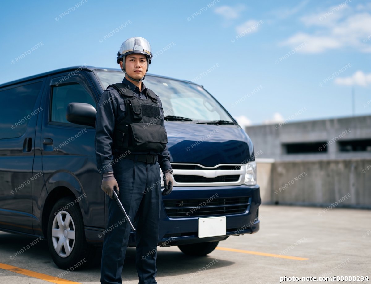 警棒を手に警戒にあたる警備員と輸送車