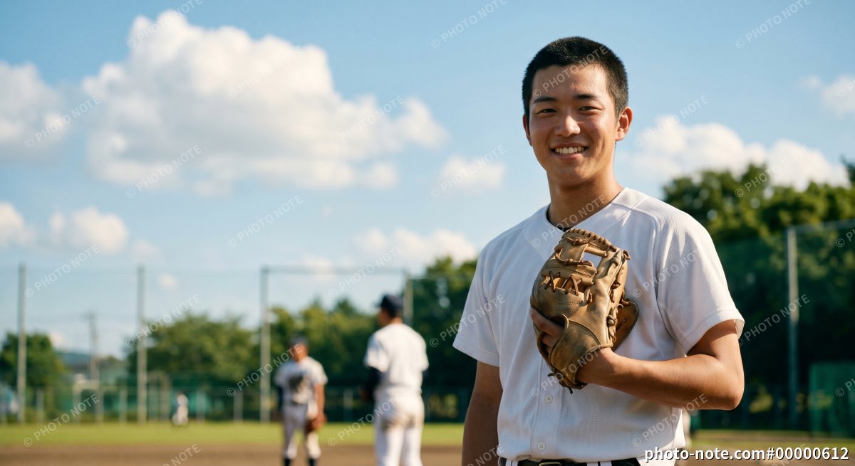 夏の部活動、野球グラウンドで笑顔の男子高校生