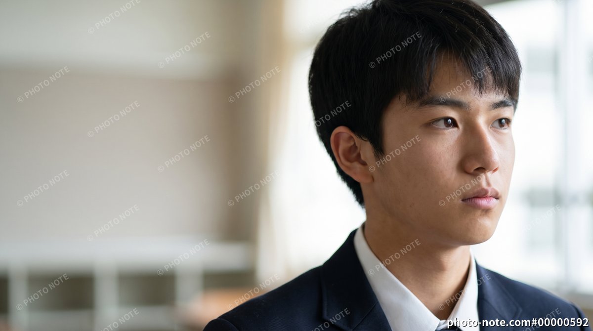 教室で将来や進路について考える真剣な表情の男子高生