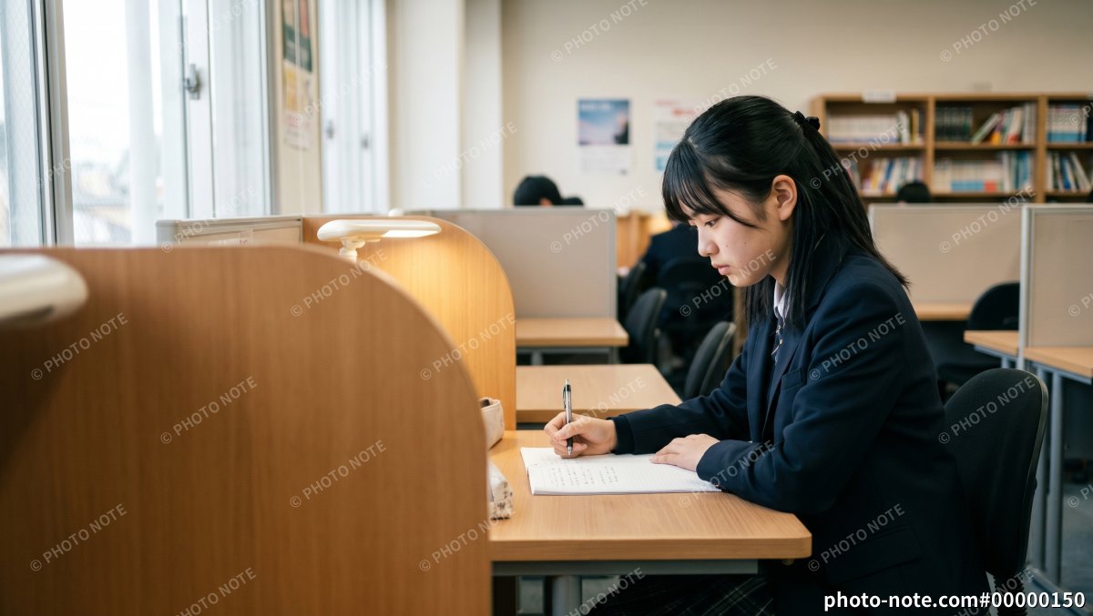 自習室で勉強する女子高生 受験勉強 試験対策