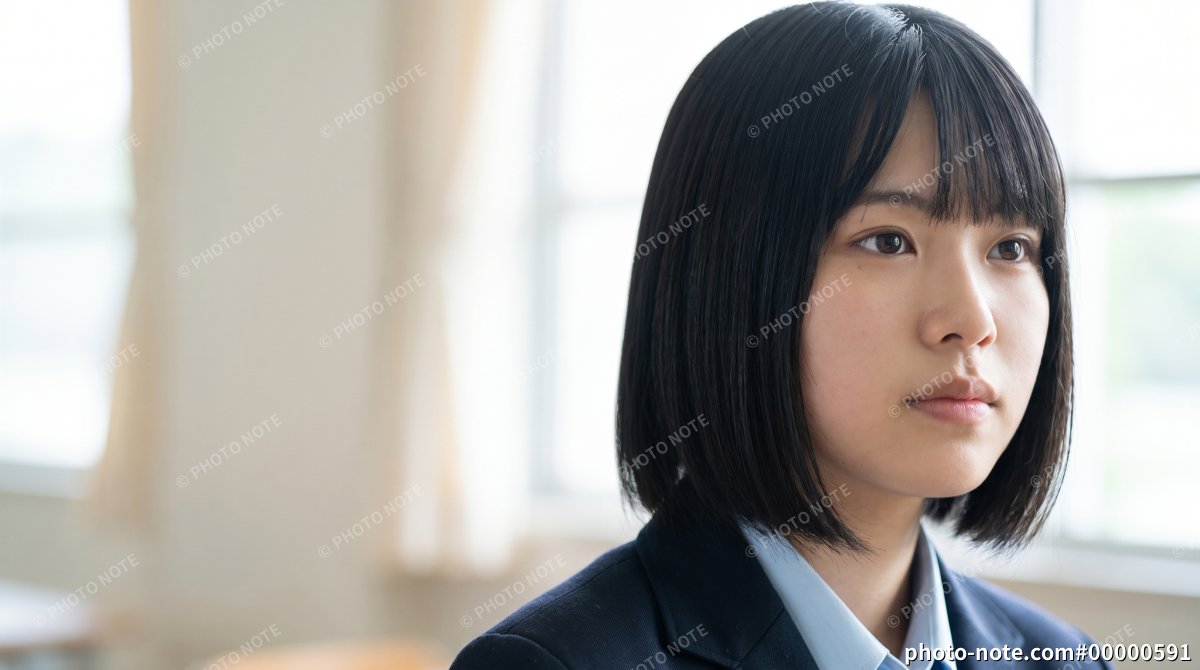 教室で将来や進路について考える真剣な表情の女子高生