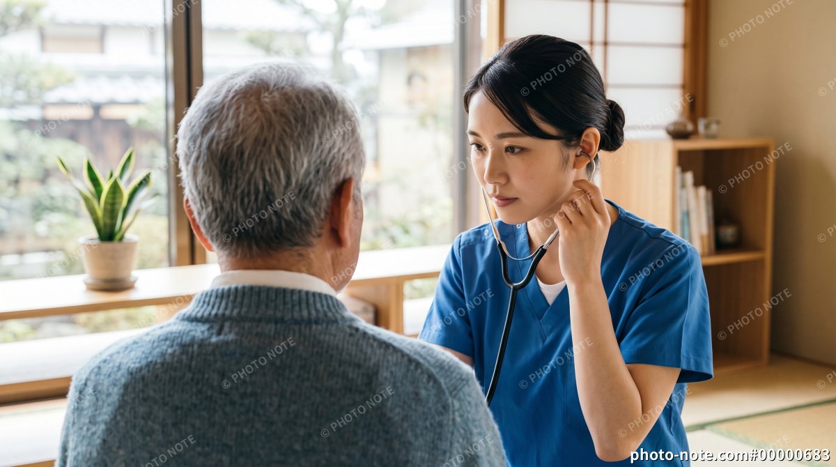訪問看護で高齢者の健康チェックを行う女性の看護師