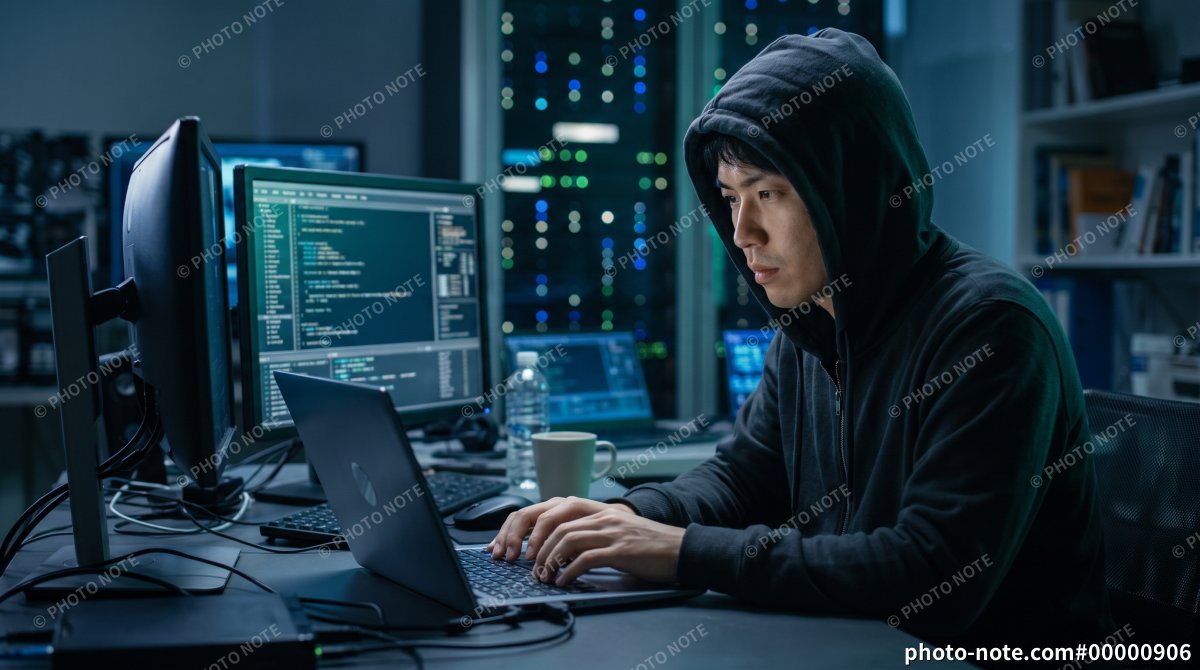 薄暗い室内でノートパソコンを操作しながらコードを入力するエンジニアの男性