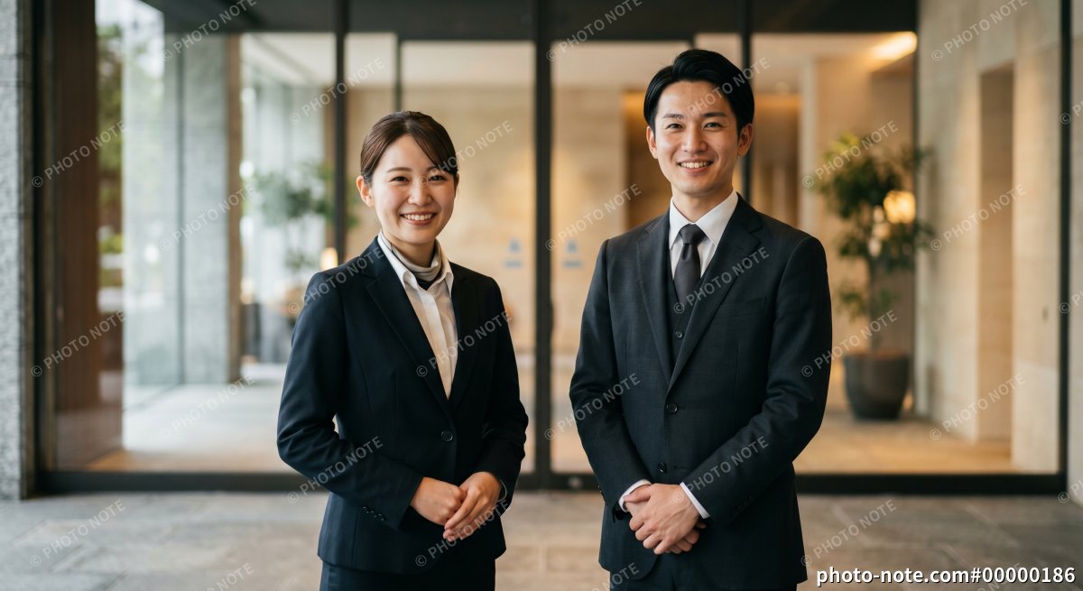 ホテルのエントランスに立つ男女のホテルスタッフ