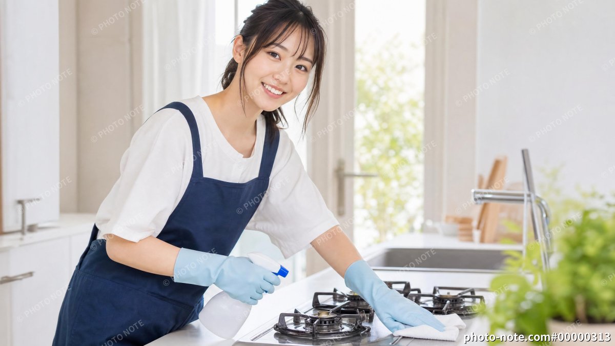 キッチンのハウスクリーニングをする女性