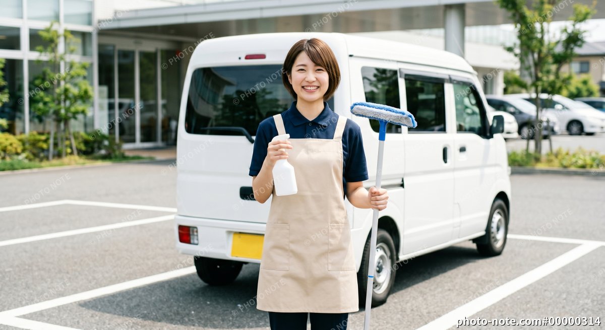 軽バンの前に立つ家事代行サービス女性スタッフ
