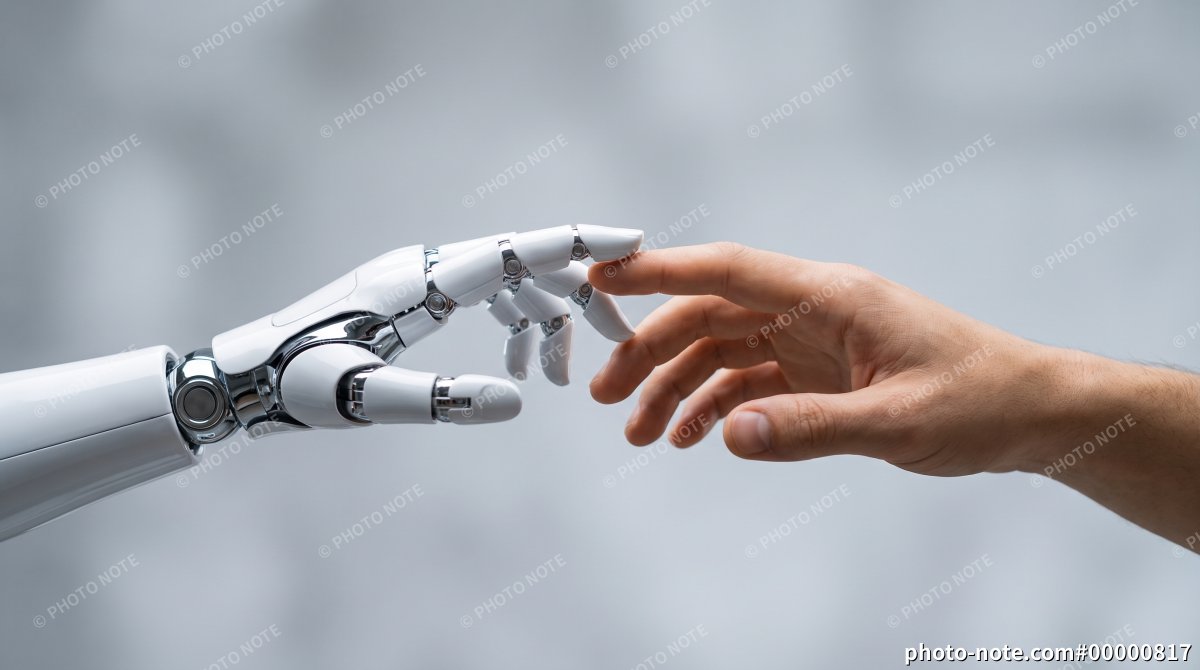 人の手とロボットハンドが触れ合うフィジカルAIのイメージ