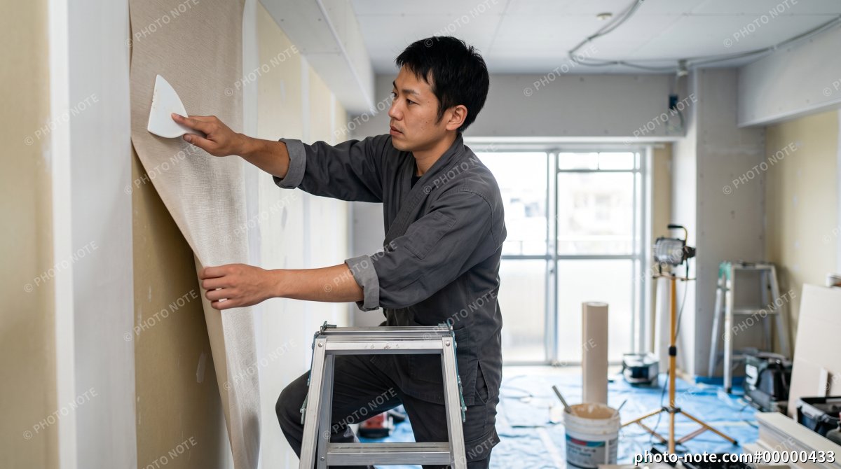 内装仕上げをする男性
