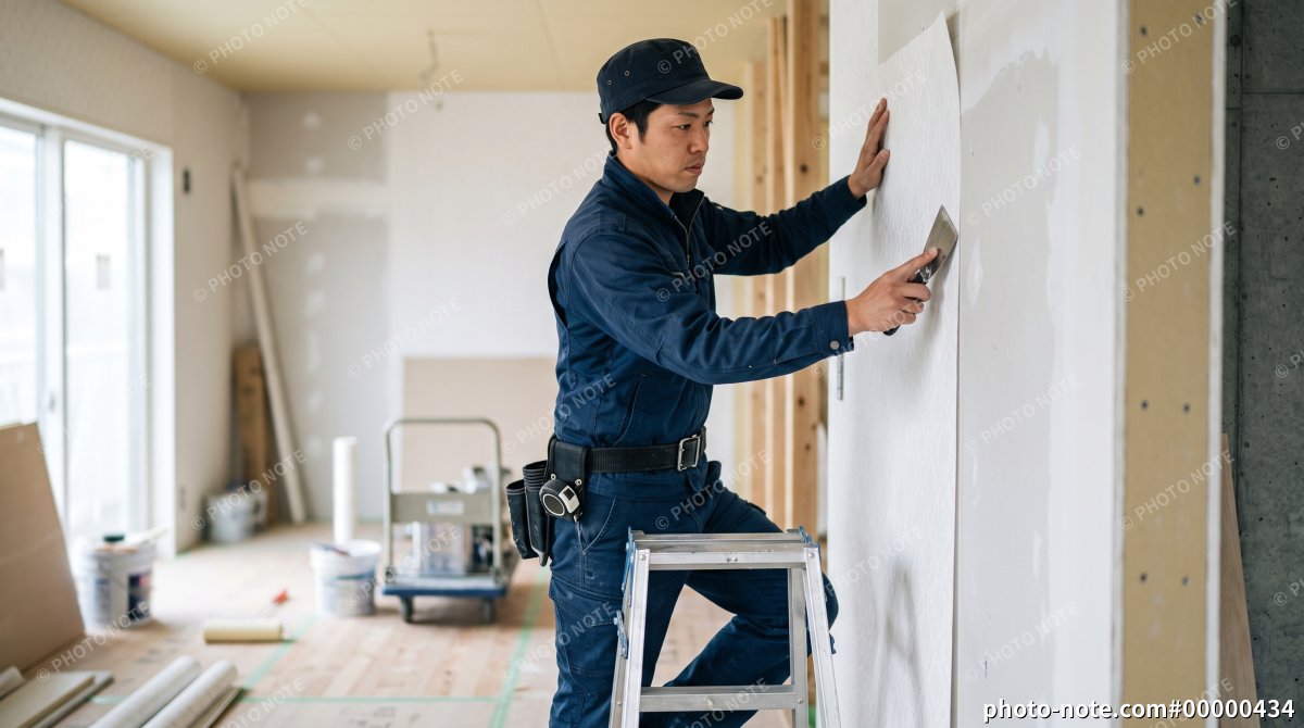 内装仕上げをする男性