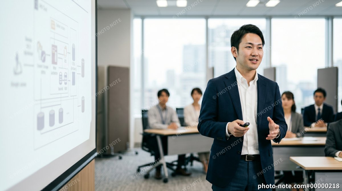 ITセミナーでシステム構成図をプレゼンするビジネスパーソン