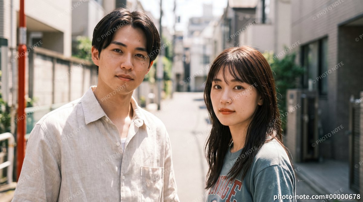 住宅街の通りに立つ若い日本人男女のポートレート
