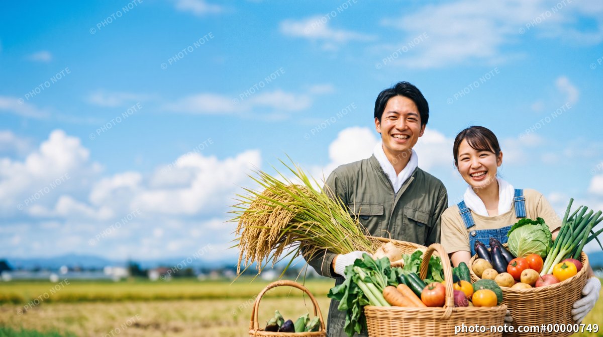 収穫した米と新鮮な野菜を手に笑顔を見せる日本人農家の男女