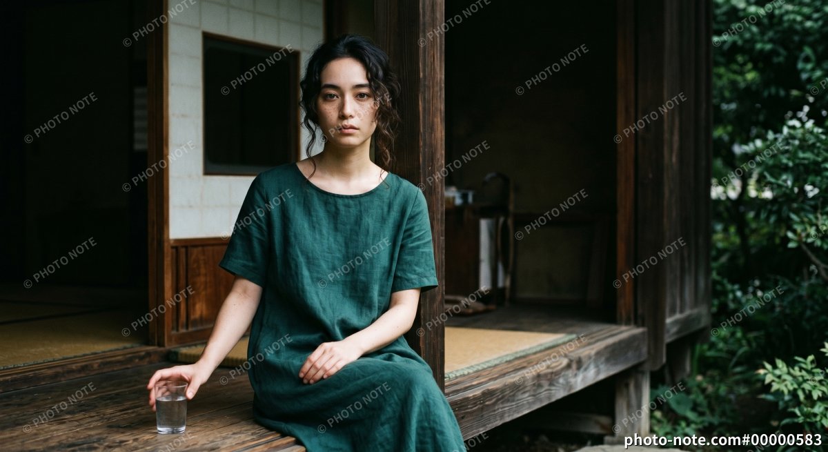 古民家の縁側で水を飲みながら涼む日本人女性