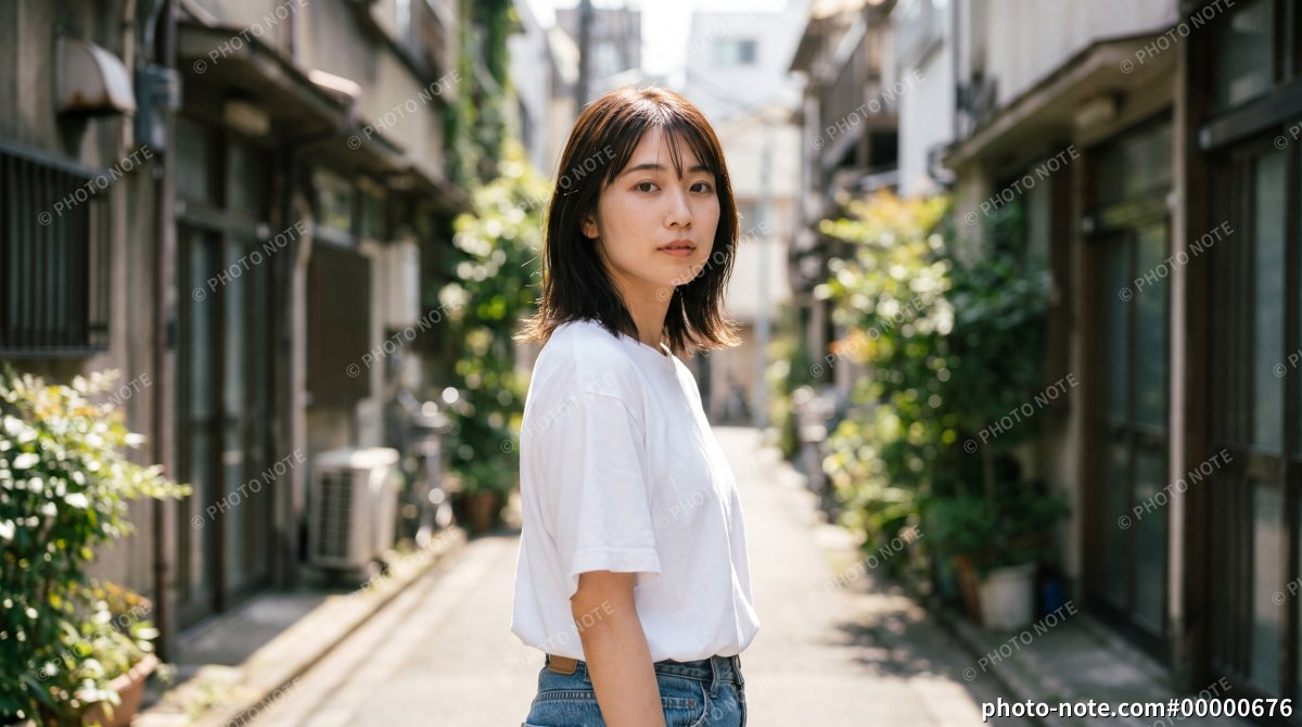 路地に立つ日本人女性のポートレート