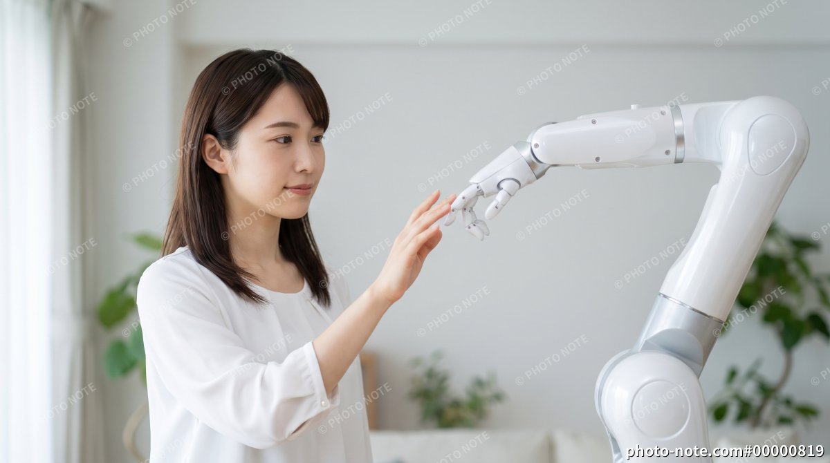 ロボットアームに触れるフィジカルAIとロボットアーム