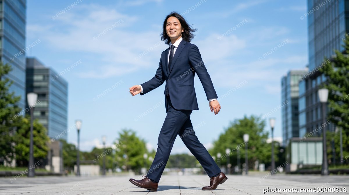 オフィス街を歩くロングヘアのビジネスマン