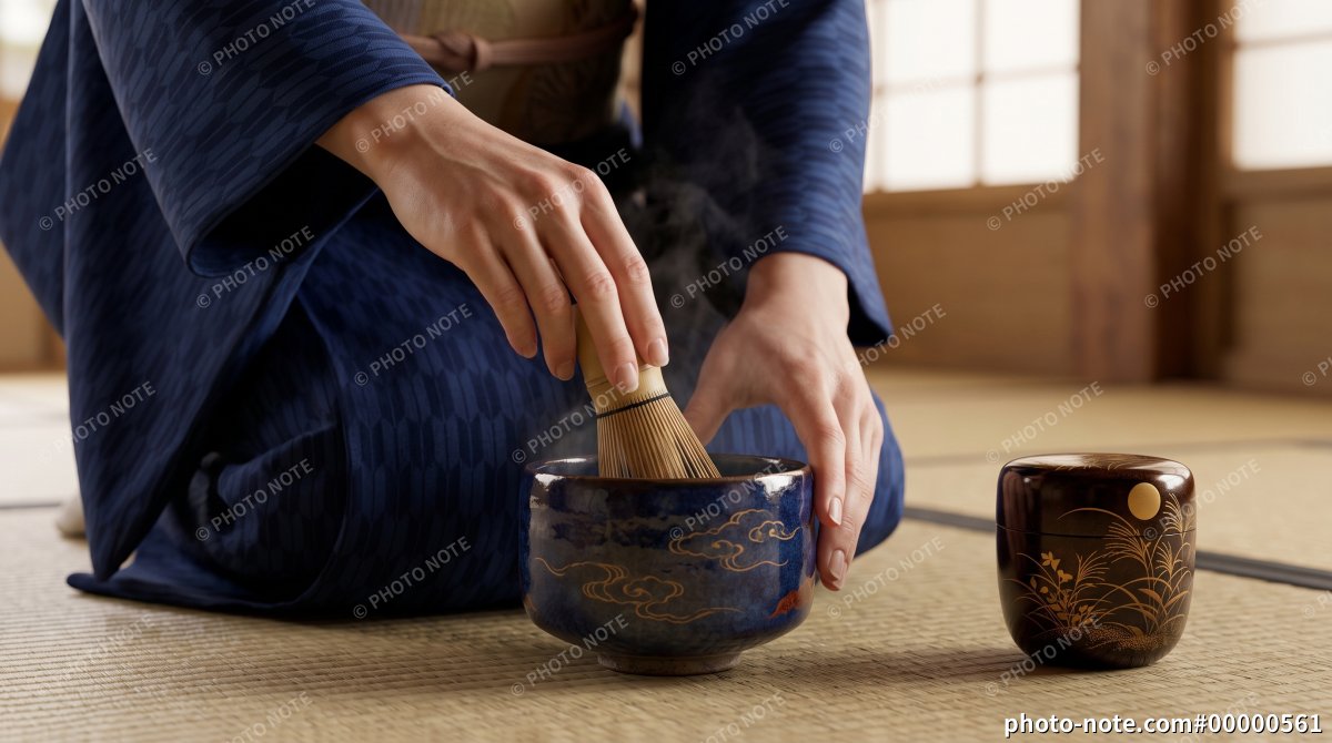 和室で抹茶を点てる着物姿の女性の手元