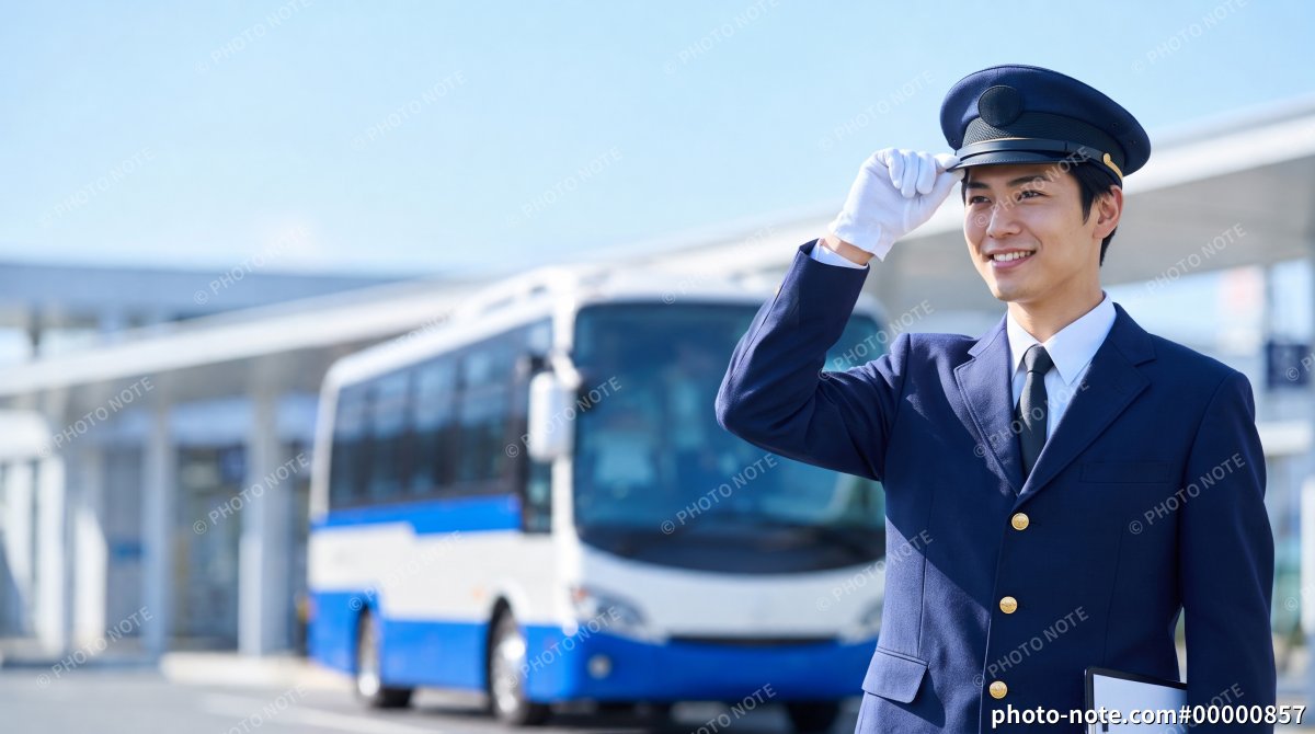 バスの前で制服の帽子を整える笑顔の男性バス運転手