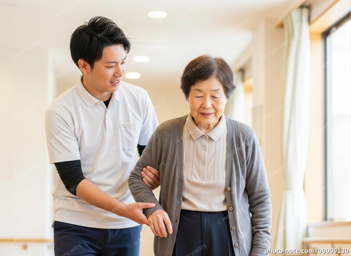 高齢女性に寄り添う男性介護士