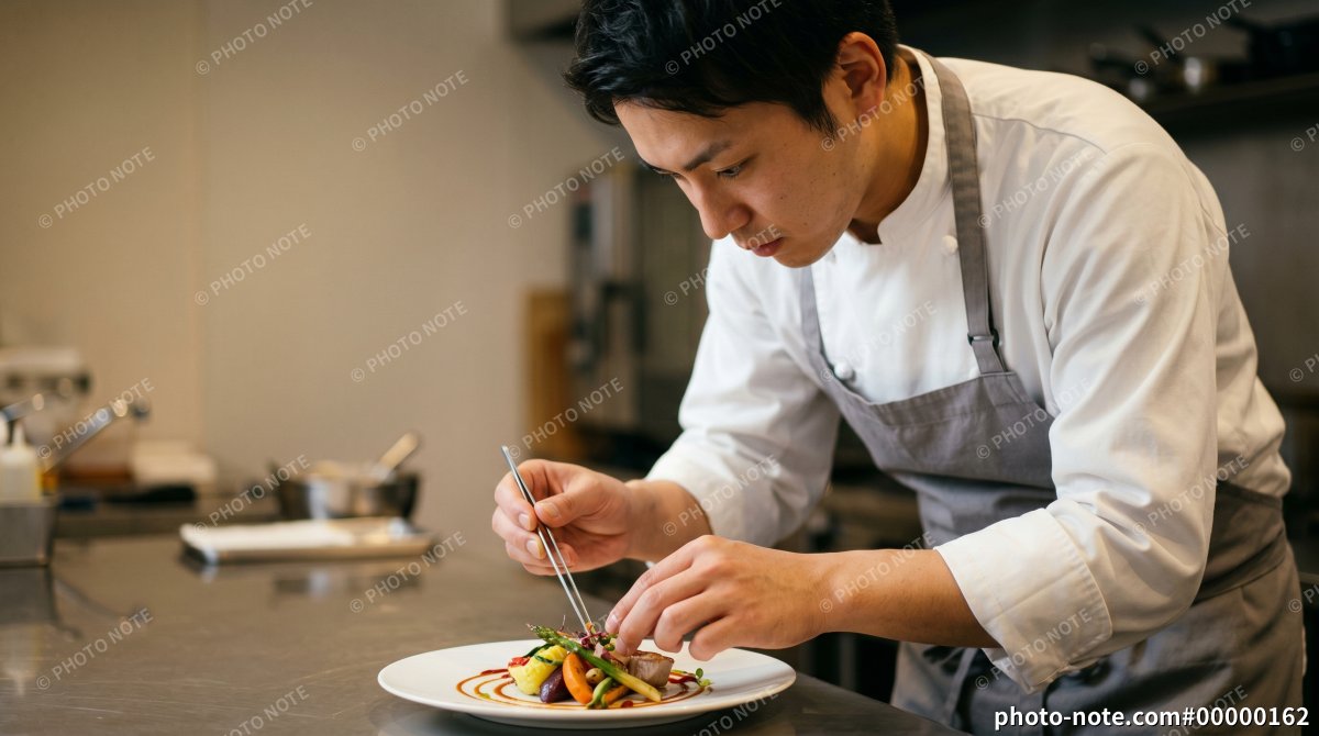 料理の盛り付けをする男性シェフ