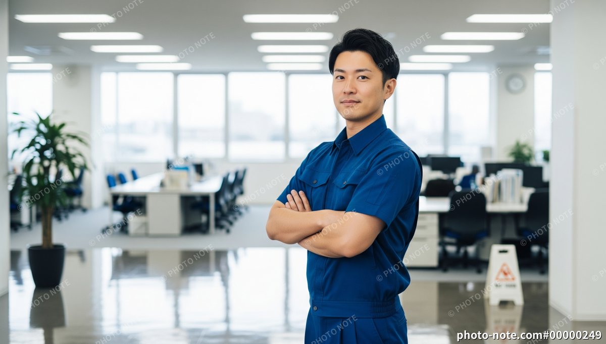 腕組みをする清掃員の男性