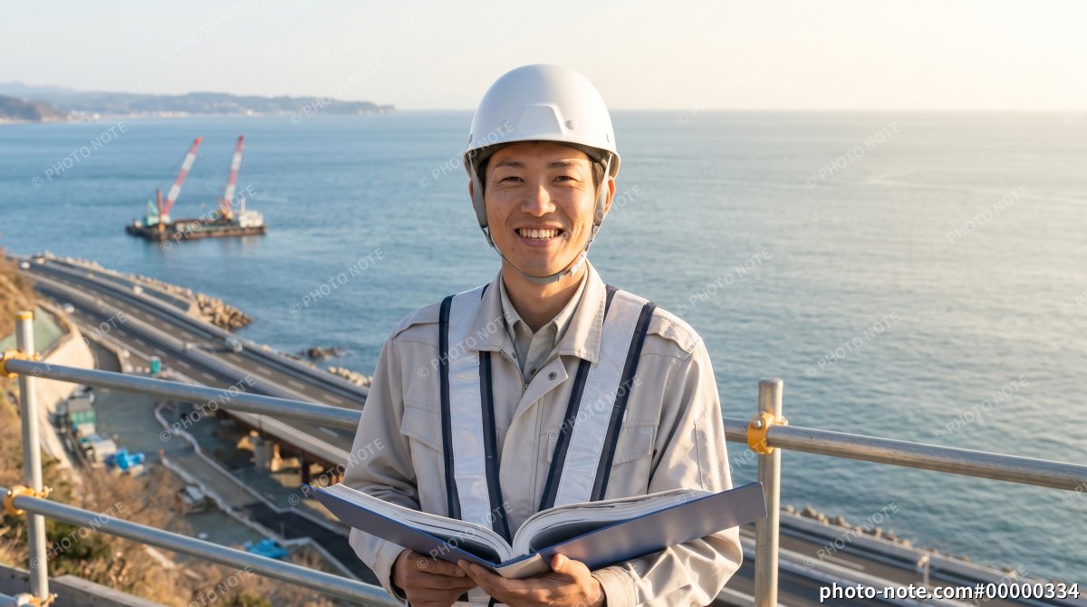 海岸沿いのインフラ・橋梁工事現場で働く男性施工管理