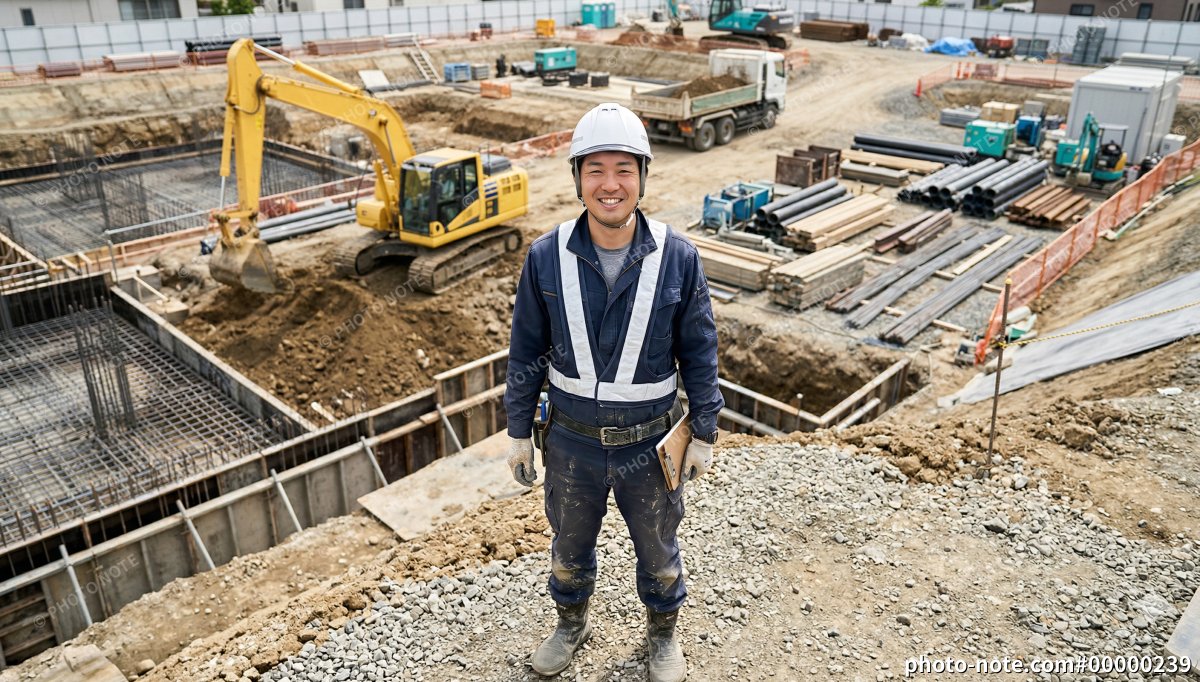 建設現場を見渡す位置に立つ日本人男性の施工管理スタッフ