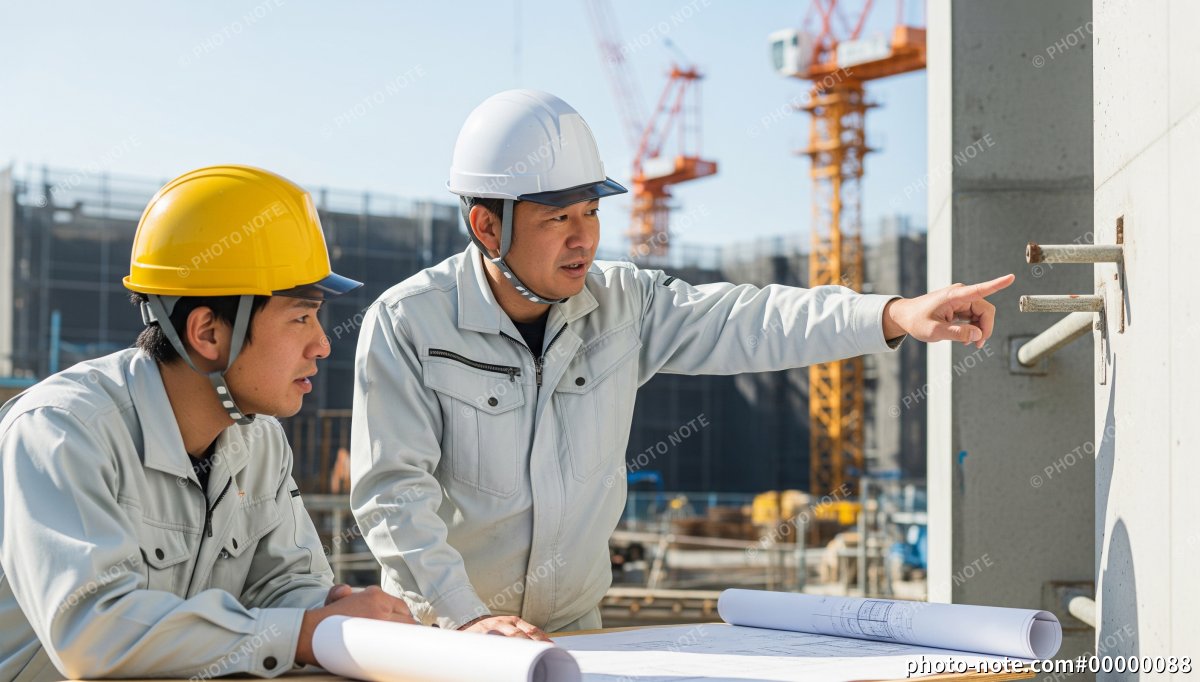 建設現場で打合せをする現場監督、施工管理の男性