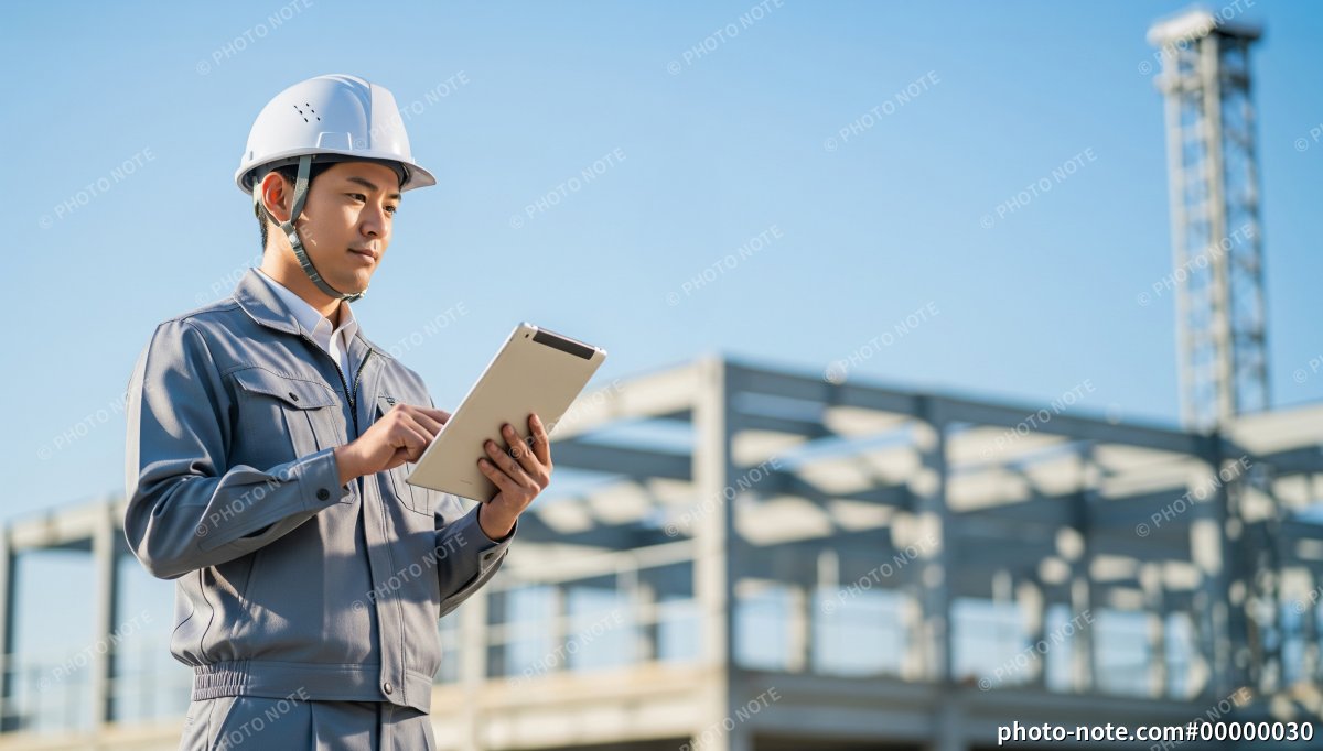 建設工事の現場でタブレット端末を持つ施工管理、現場監督の男性