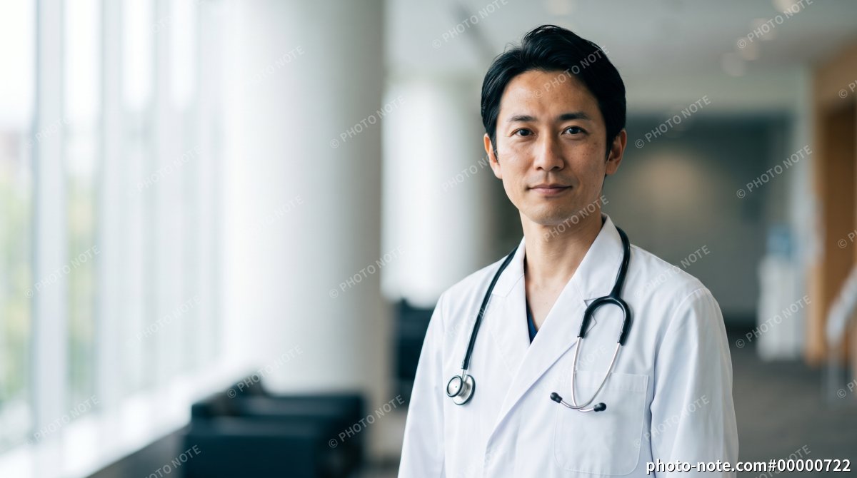 病院の廊下に立つ男性医師
