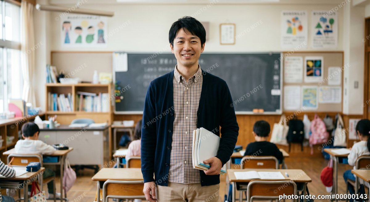 教室に立つ小学校教員の男性