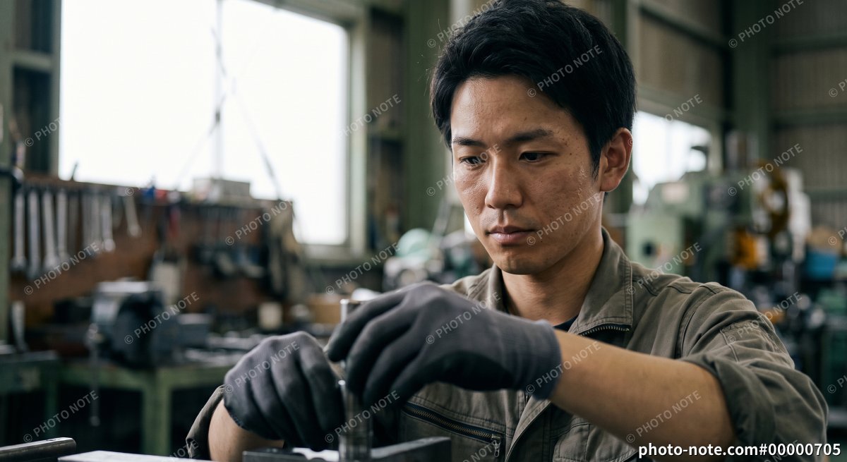 製造業の工場で金属加工の確認作業をする若い男性エンジニア