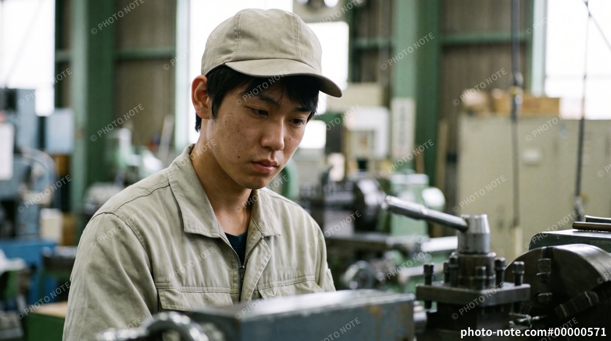 製造業の現場で機械工作に取り組む男性作業員