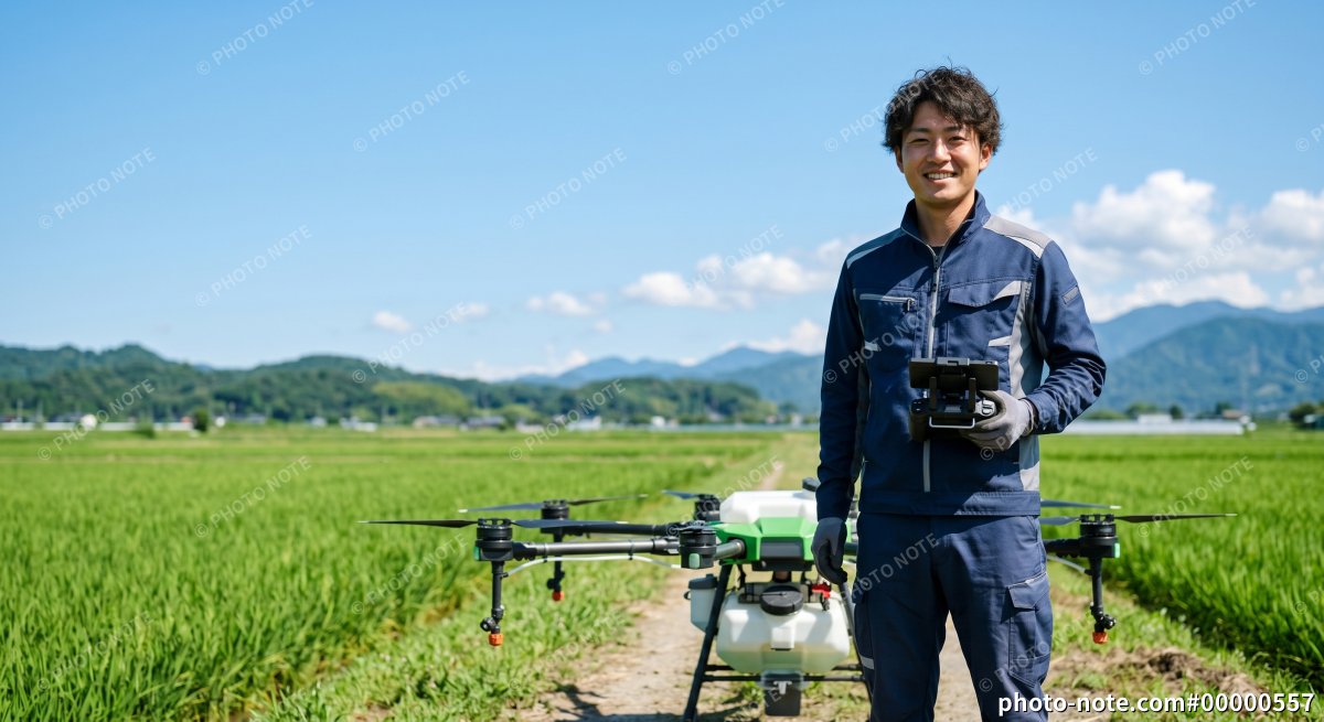 農業用ドローンを操作する男性