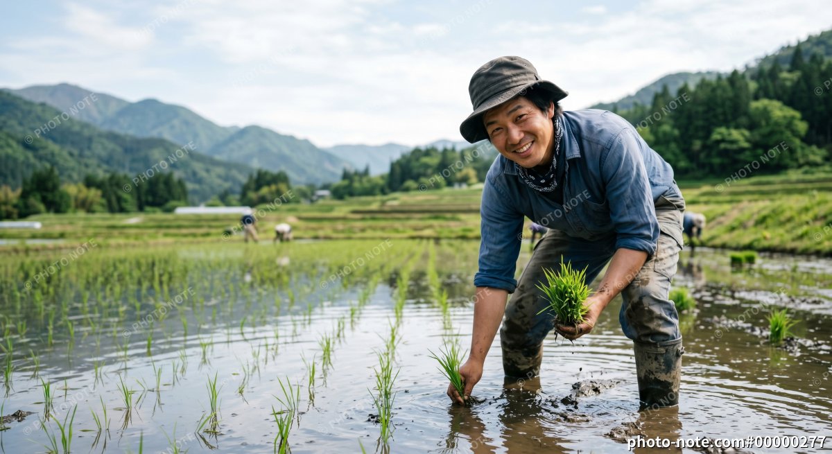 水田で手植えによる田植え作業をする農家の男性