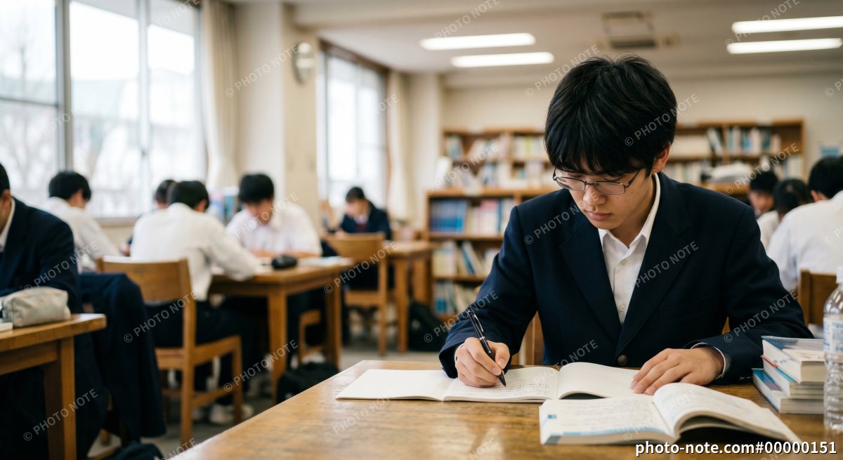 学校の図書室で自習をする男子高校生