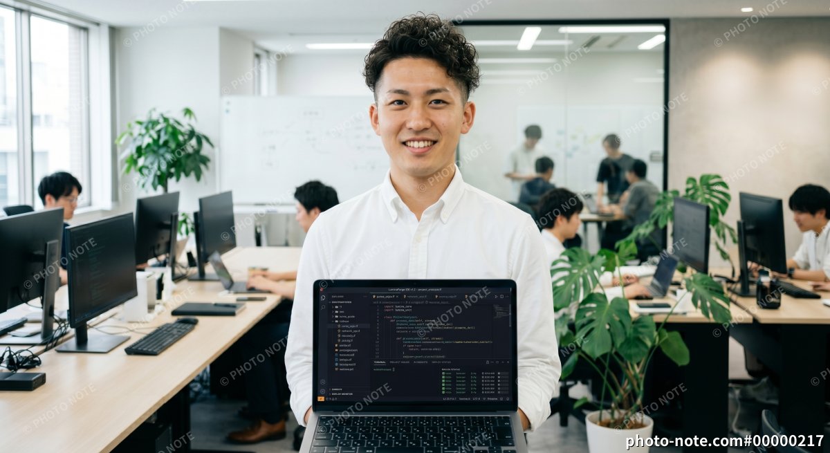 プログラミング画面を見せるITエンジニアの男性