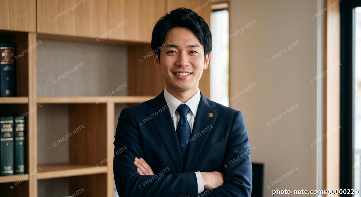 オフィスで腕組みをする弁護士の男性