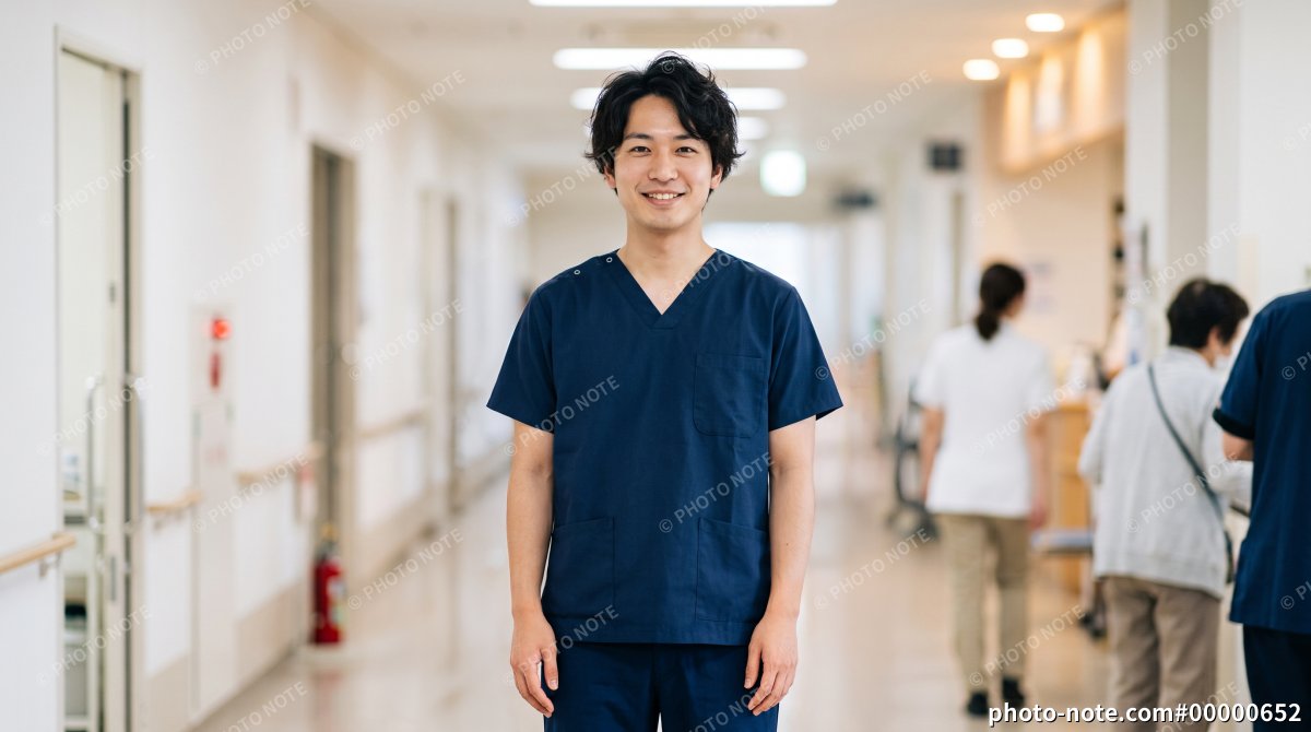 病院の廊下で笑顔を見せるスクラブ姿の男性医師・看護師