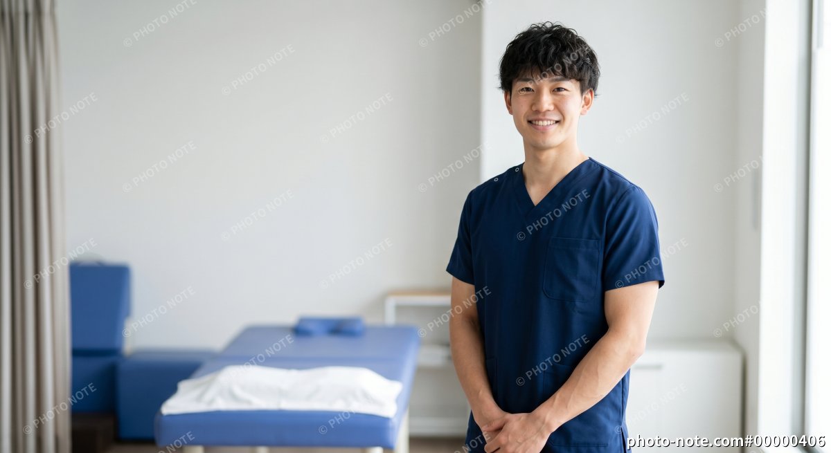 診察ベッドの前に立つ理学療法士の男性
