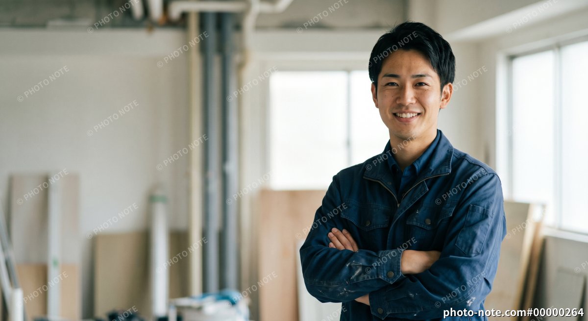 腕組みをする配管工・作業員の男性