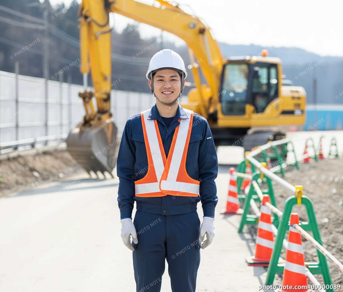 道路工事の現場の男性作業員