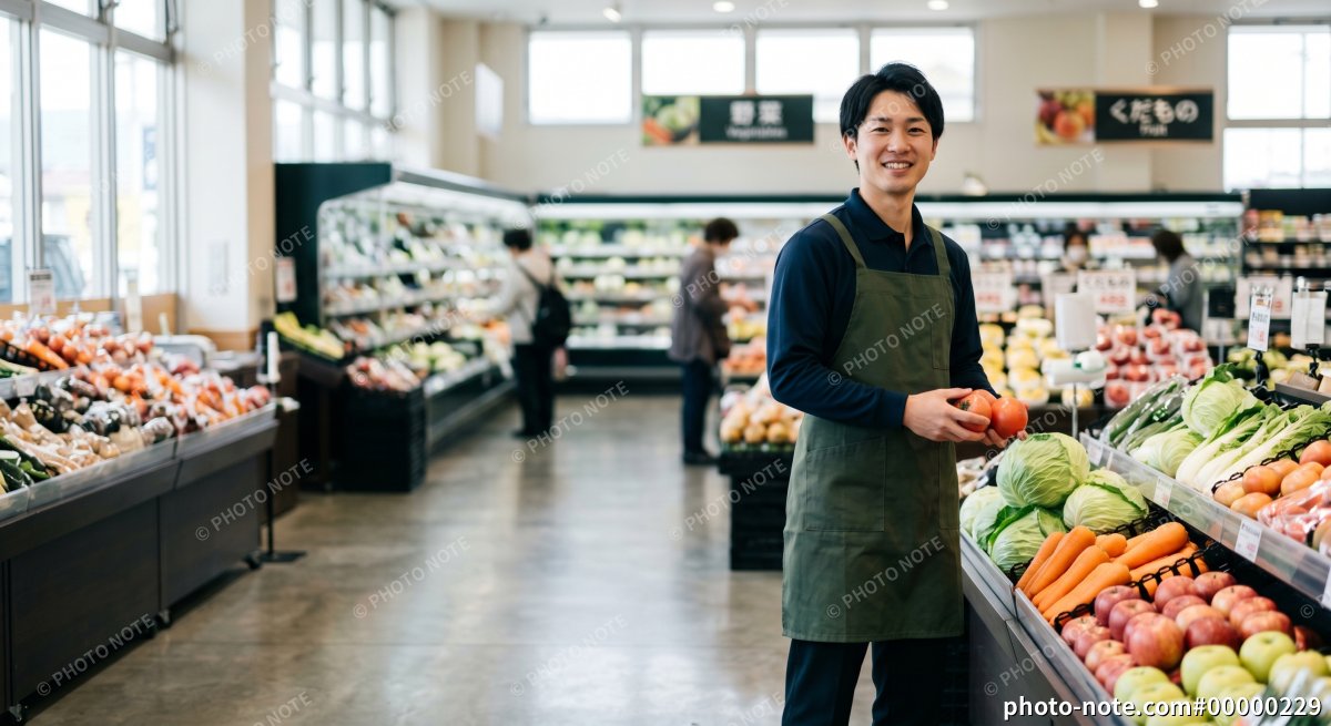 スーパーの野菜売り場に立つ男性店員