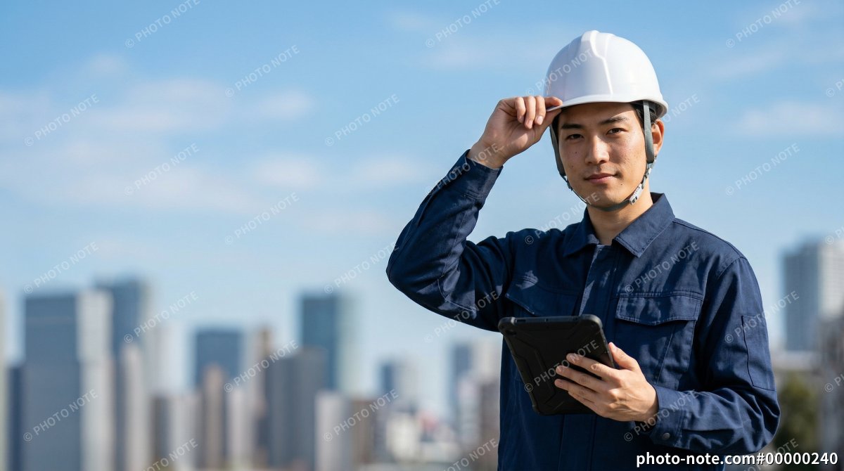 タブレットを持つ作業員の男性