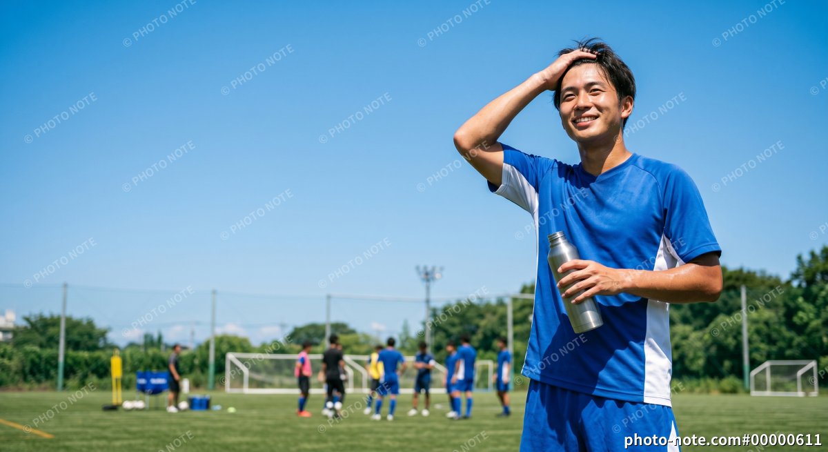 サッカーグラウンドでボトルを持ち水分補給をして休憩する男性